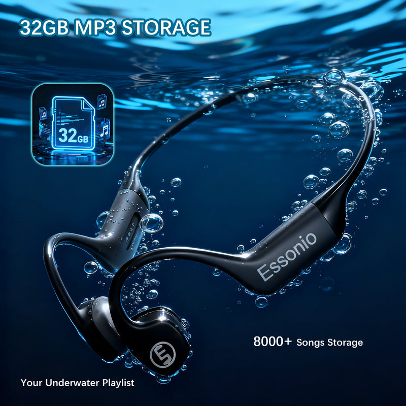 Essonio Bone Conduction Headphones | IP68 Waterproof, 32GB MP3, Bluetooth Open Ear, Deep Bass for Swimming, Running & Cycling